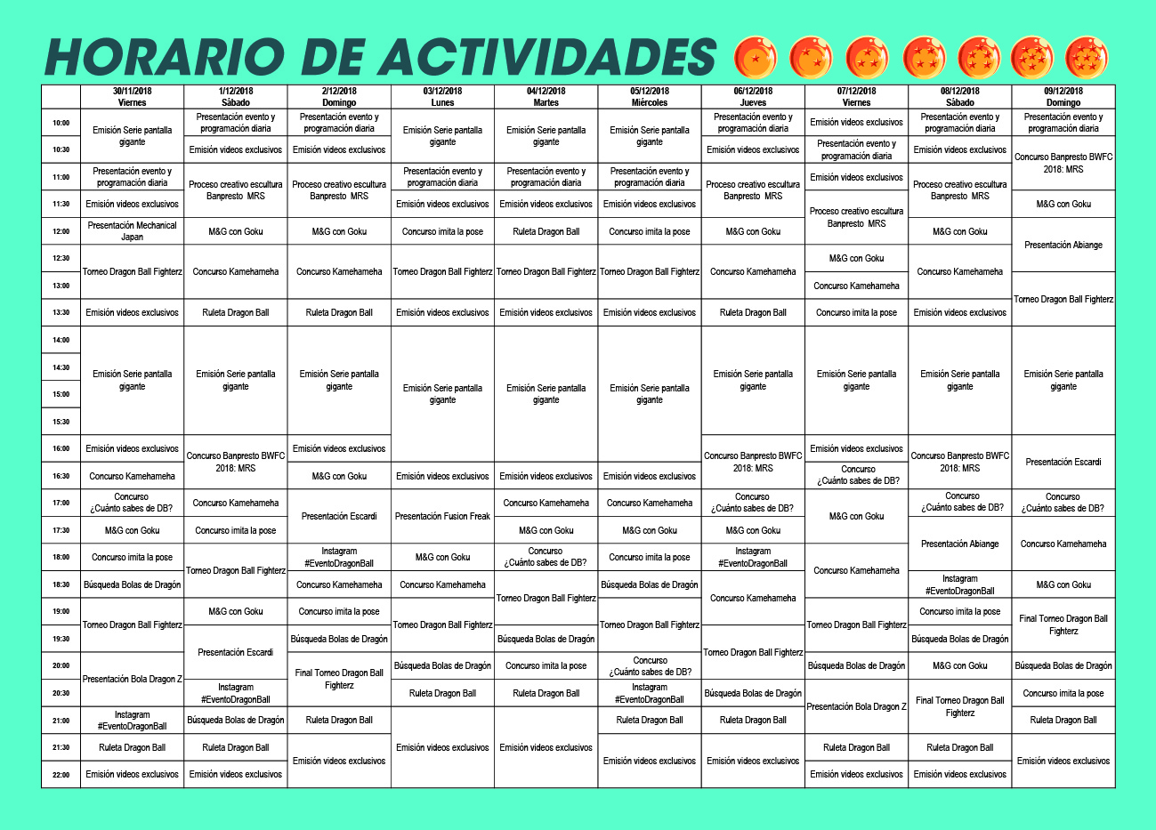 Calendario de Actividades del Evento Dragon Ball en el C.C La Vaguada